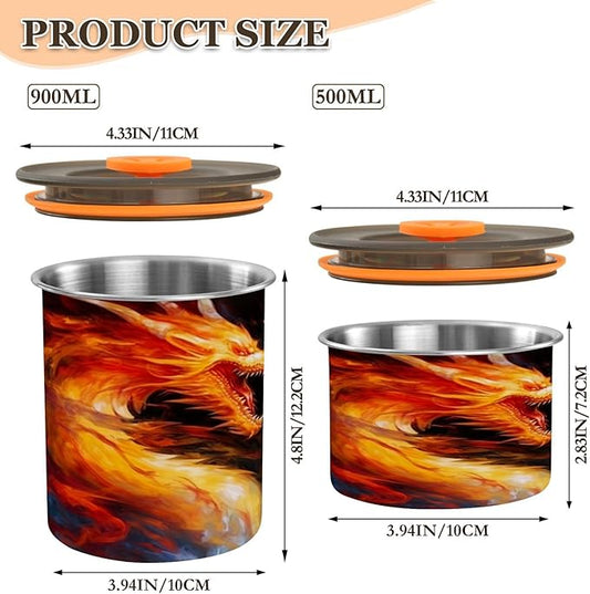 Coffee Storage Containers Airtight Food Storage Canister Set with Vacuum Seal, 500ml Food Grade Stainless Steel Coffee Bean & Tea Storage Jar Ice Fire Dragon