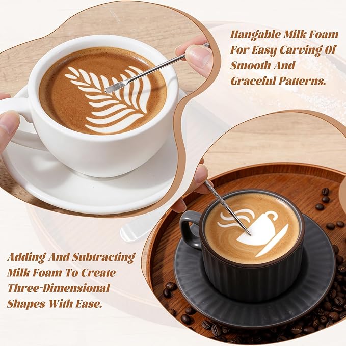 5 Pcs Latte Art Stencils,Coffee Stencils with Latte Art Pen,Lattes Stencilss with Various Patterns for Cappuccino, Hot Chocolate & Cake Decorating,Home or Cafe Use(Silver,4.53IN)