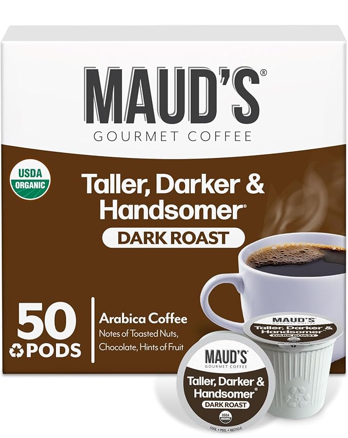 Maud's Organic Dark Roast Coffee Pods, 50 ct, Fair Trade & Single Origin Recyclable Single Serve Pods – 100% Arabica Coffee, Compatible with Keurig K Cups Maker