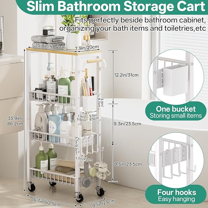 Slim Rolling Storage Cart, 4 Tier Small Organizer Cart with Wheels, Metal Utility Shelf Kitchen Bathroom Laundry Room Organization Trolley with Handle for Narrow Space (9.1" Overall Width)