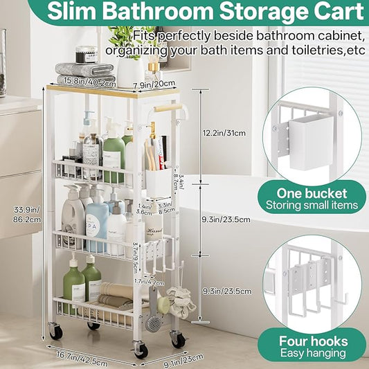 Slim Bathroom Storage Cart, 4 Tier Small Rolling Organizer Cabinet with Wood Top Handle, Mobile Shelving Unit Slide Out for Office, Kitchen, Laundry Room & Narrow Places (White, 9.1" W Overall)