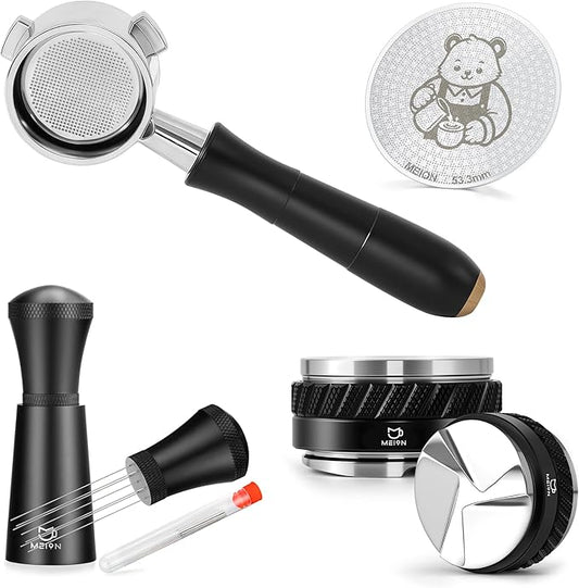 MEION 54mm Espresso Accessories Kit for Breville Espresso Machines, Includes Bottomless Portafilter, Double-sided Coffee Distributor & Tamper, Espresso Stirrer and Thin 0.8mm Puck Screen (Black, 54mm)