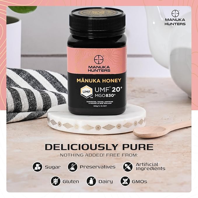 Manuka Hunters UMF 20+/MGO 830+ Certified New Zealand Manuka Honey - 100% Pure Natural Sweetener - Gluten, Dairy Free - Ideal for Tea, Coffee, Smoothies, and Baking - Sustainable - 1.1lb/500g Jar