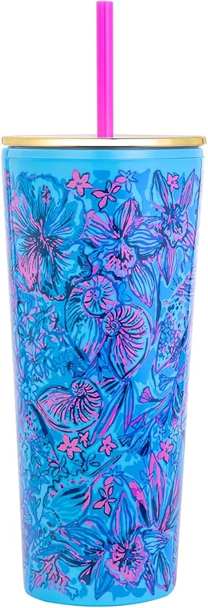 Lilly Pulitzer Double Wall Tumbler with Lid and Reusable Straw, Blue Plastic Cup, Insulated Travel Cup Holds 24 Ounces, Shells N Bells