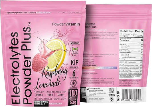 PowderVitamin Electrolytes Powder Plus (100 Servings) Raspberry Lemonade Electrolyte Powder, Zero Calorie, Keto, Zero Sugar, No Maltodextrin, 1000mg Potassium,120mg Calcium,120mg Magnesium, Hydration