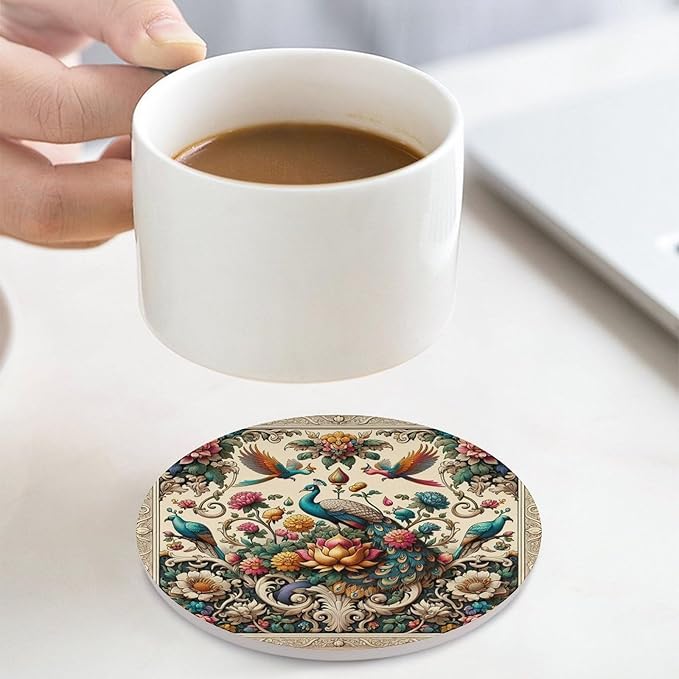 Round-4PCS Peacock Drink Coasters, Round Modern Ceramic Absorbent Coasters, Beautiful Plant Colorful Floral Peacock Boho Peacockr Desk Coffee Table Coaster for Beverage Cup Tea Coasters