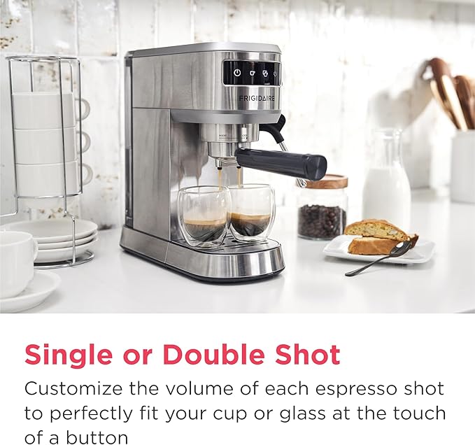 Frigidaire Steam Espresso Maker, Coffee Machine with Milk Frother & Cup Warmer, 20 Bar Pressure, 34 oz Removable Water Tank, Single or Double Shot, Stainless Steel