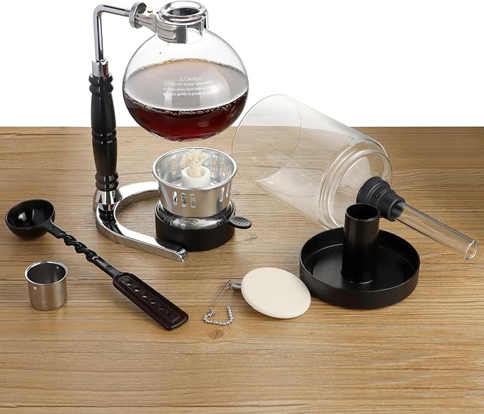 QWORK 5-Cup (600ml) Siphon Coffee Maker - Borosilicate Glass Syphon Brewer with Adjustable Buffer Clamp, High-Temperature Resilience, Tabletop Glass Siphon Pot for Coffee Aficionados