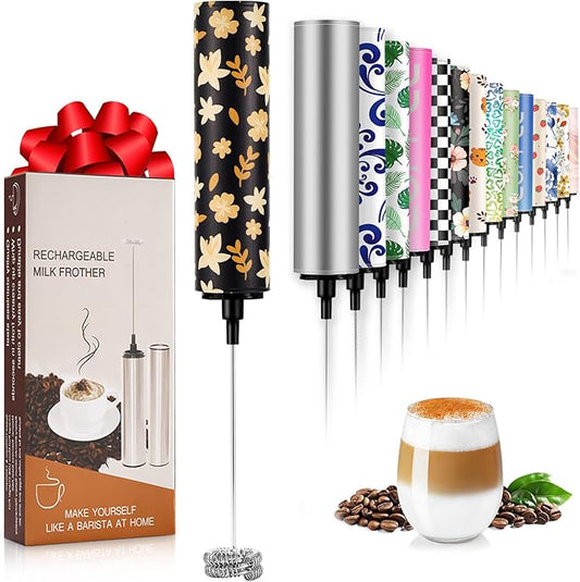 Milk Frother Handheld Rechargeable - 2-Speed Electric Whisk with 5 Detachable Heads (Frother/Mixer/Whisk) for Coffee, Latte, Cappuccino & Matcha, Drink Mixer (Flower 13)