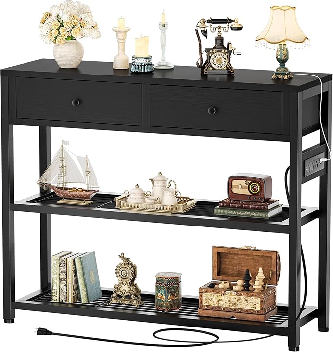 Ecoprsio Entryway Table with Outlets and USB Ports, Console Table with 2 Drawers, Small Sofa Table with Storage Shelves for Living Room, Couch, Hallway, Foyer, Kitchen Counter, 32'', Black