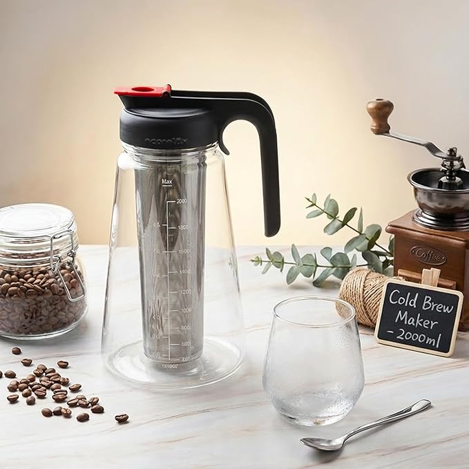 ECORELAX Cold Brew Coffee Maker,High Transparency Borosilicate Glass Container with Stainless Steel Filter, Iced Tea Pitcher with Lid,Modern Style, Ergonomic Handle,Spill-proof Lid (（Black 64oz)