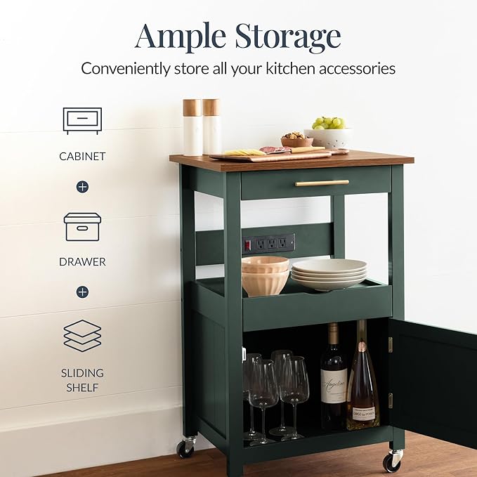 Best Choice Products Rolling Kitchen Island Cart, Single Door Cabinet W/Drawer, Sliding Tray, Outlet, Swivel Lockable Wheels, Hooks, Coffee Cart, Microwave Stand, for Dining Room - Forest Green