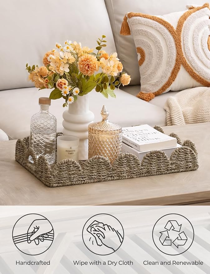 StorageWorks Large Wicker Scalloped Edge Serving Tray, Rectangle Tray with Built-in Handles, Hand-Woven Scalloped Rattan Tray, Wicker Trays for Décor, Natural Seagrass
