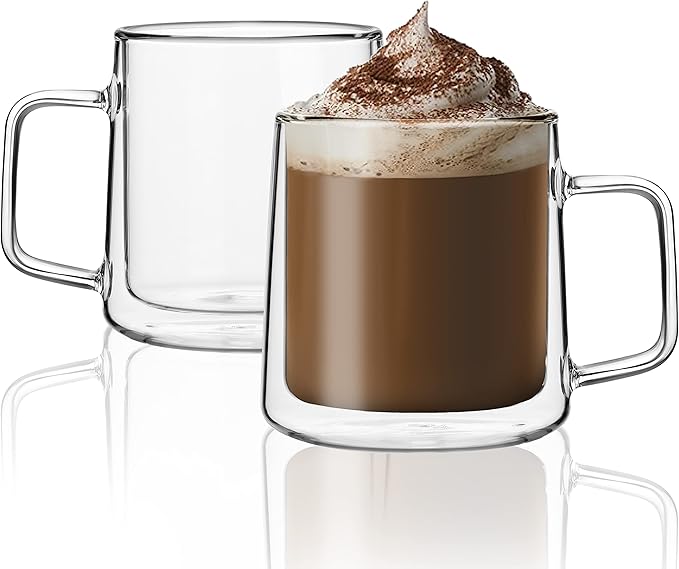 CNGLASS 12oz Glass Coffee Mugs,Double Wall Insulated Glass Cups with Handle,Clear Espresso Mugs for Latte,Cappuccino,Tea Bag,Set of 2