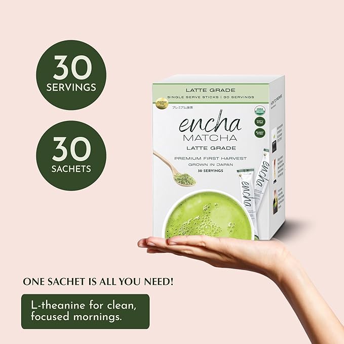 Encha Latte Grade Matcha Powder - First Harvest Organic Japanese Green Tea Powder From Uji Japan - Individual Single Serve Sticks - Travel Matcha Tea Packets To Go (30 Count)