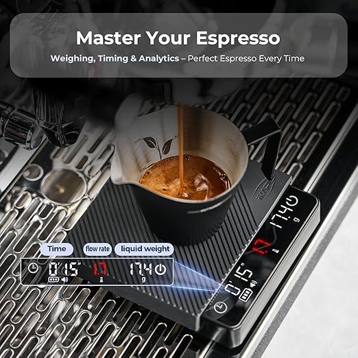 IKAPE Espresso Coffee Scale with Timer, 2kg/0.1g High Precision Digital Scale with Silicone Mat, 4 Modes in One, LED Display, Auto-Tare, for Kitchen, Cooking, Espresso, Pour Over Coffee