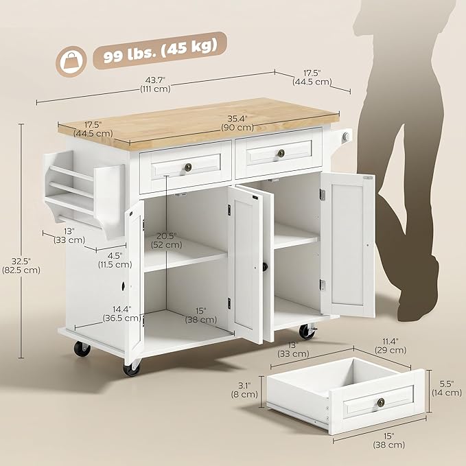 HOMCOM Kitchen Island Cart with Rubber Wood Top, Rolling Kitchen Island Table on Wheels with Drawers, Adjustable Shelves, Spice Rack and Towel Rack for Dining Room, White