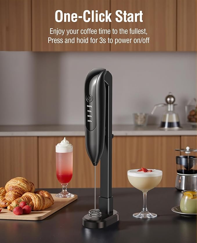Electric Milk Frother Handheld: Rechargeable 3 in 1 - LED Digital Display with 3 Speeds Portable Stainless Steel Drink Foam Mixer for Milk Coffee, Lattes, Valentine's Day gifts - Onyx Black