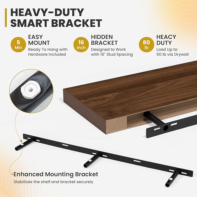 48 Inch Floating Shelves, 9.3" Deep Floating Shelf Wall Mounted, 48" Wall Shelves, Rustic Deep Bookshelf, Large Display Shelves & Storage Shelves for Bedroom, Living Room, Walnut, Set of 1