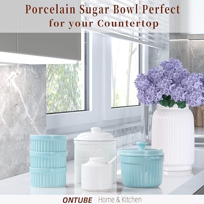 ONTUBE Ceramic Sugar Bowl with Lid and Spoon,Porcelain Seasoning Box Salt Bowl,8oz