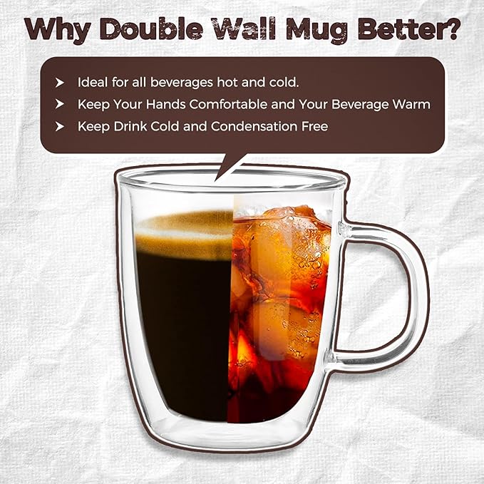 Glass Espresso Cups - Double Wall Insulated Coffee Mugs, Glass Coffee Mugs set of 2, Clear Tea Cups 8 oz, Perfect for Americano, Latte, Cappuccino, Espresso, Beverage and Tea
