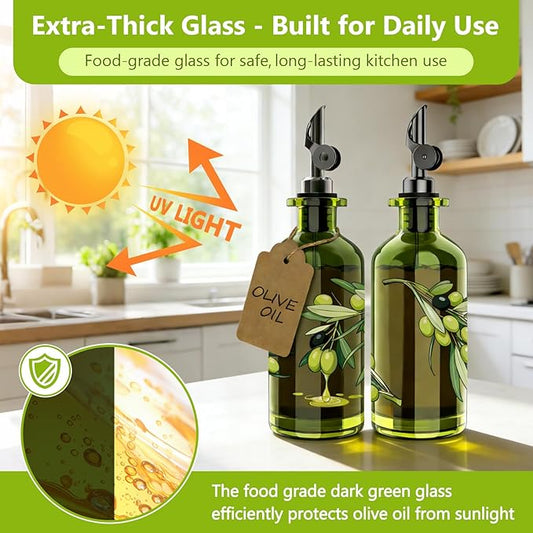 COOLMI Olive Oil Dispenser Bottle Set of 2-12oz Glass Oil & Vinegar Cruet for Kitchen - Leakproof Stainless Steel Pourers, Funnel & Labels - Extra Thick Decanter Container