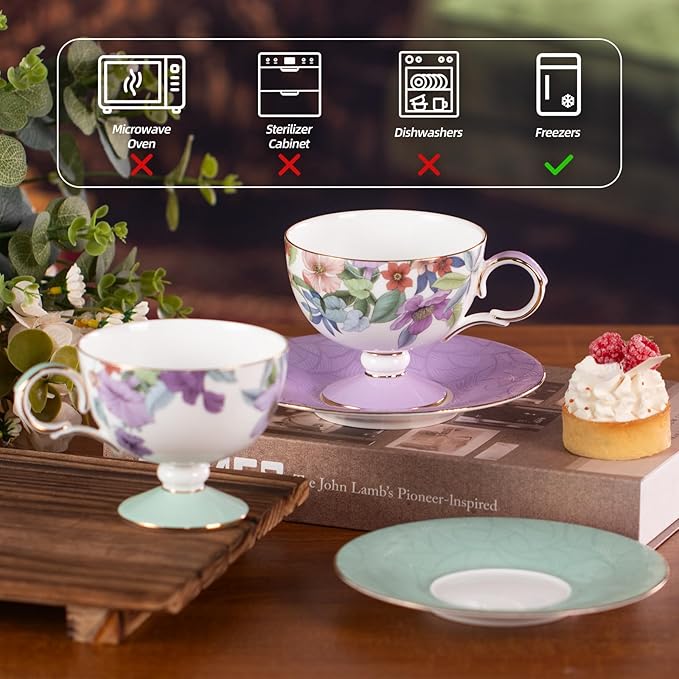 KAMMAK Ceramic Coffee Cups Saucers Set of 2, Porcelain Espresso Cups with Saucers, 6.52 oz Handmade Elegant Bone China Tea Cup, Ceramic Floral Pattern Demitasse for Latte, Americano, Cappuccino