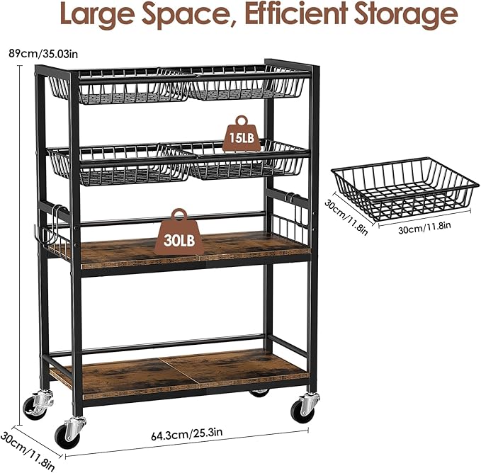 Fruit Vegetable Storage Cart, 4-Tier Rolling Kitchen Storage Cart, Fruit & Vegetables Basket Stand, Snack Organizer Shelf Unit for Kitchen, Bathroom, Living Room, Office, Balcony, Black