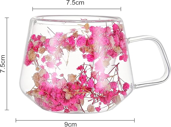 200ML Double Wall Insulated Cup Clear Glass Mug with Handle Preserved Flower Mug Floral Glass Real Coffee Cup with Protective Sleeve and Case Pink 200ML