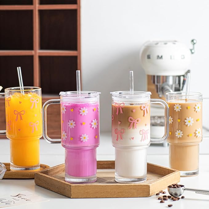 INSETLAN Daisy Glass Cups for Women, 26oz Clear Glass Tumbler with Lid and Straw, Customizable Aesthetic Flower Mug for Birthday, Mother’s Day, Christmas, Girl Gifts