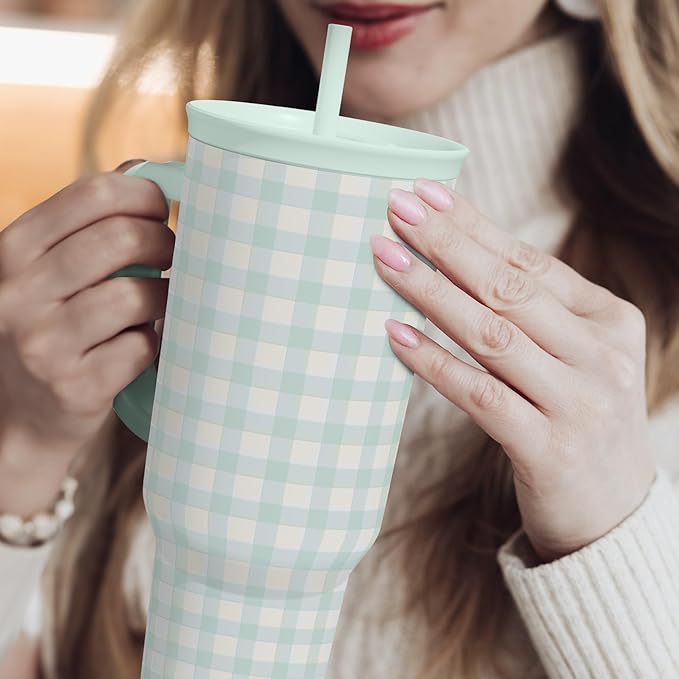 Mint Gingham 40oz Slider Tumbler with Handle and Straw - Insulated Stainless Steel Travel Coffee Mug for Women Girls, Gift for Birthday, Christmas