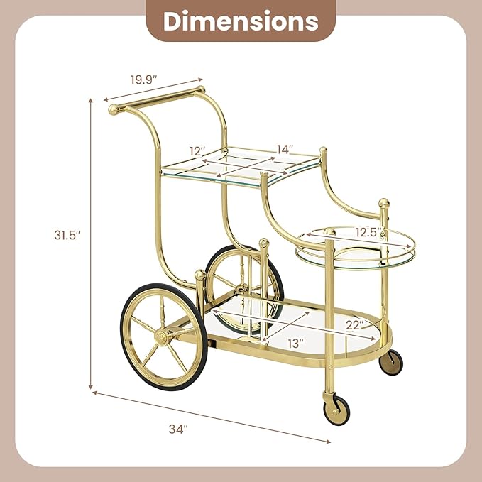 COSTWAY Glass Rolling Bar Cart, Rolling Serving Cart with 3-Tier Shelf, Directional Wheels & Universal Wheels, Mobile Wine Tea Serving Cart for Hotel, Club & Home (Gold)