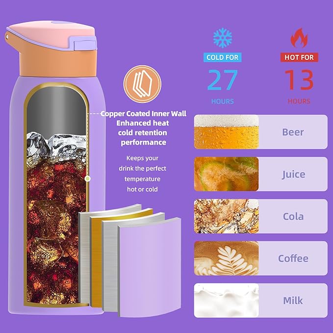 koodee Kids 16oz Free-sip Insulated Stainless Steel Water Bottles with Soft Straw,Quick Flip GO Bounce Cup Thermo-flask,Pop & Fill Double-Wall Vacuum Bottle,for School, Sports,Travel(Peach Lavender)