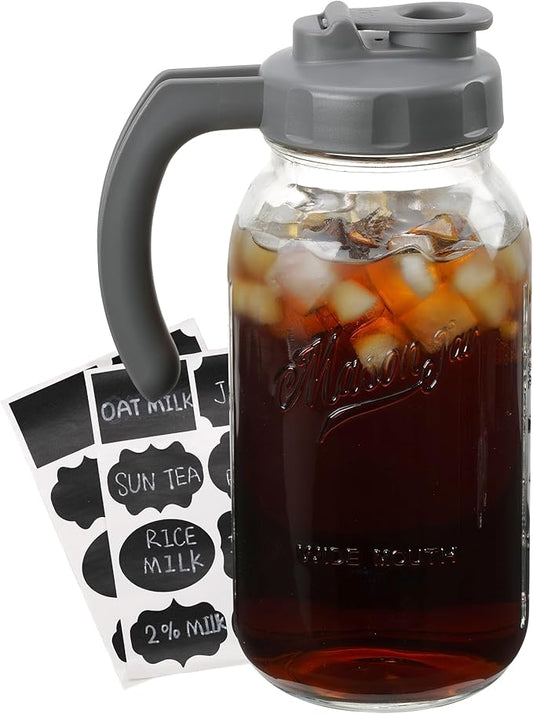 Soligt Glass Mason Jar Pitcher with Lid, Wide Mouth Flip Cap Pour Spout Leak-proof Lid with Handle, 64 oz (2 Quart / 1.9 Liter), for Iced Coffee/Sun Tea Juice/Cold Brew/Milk (1 Pack, Dark Gray)