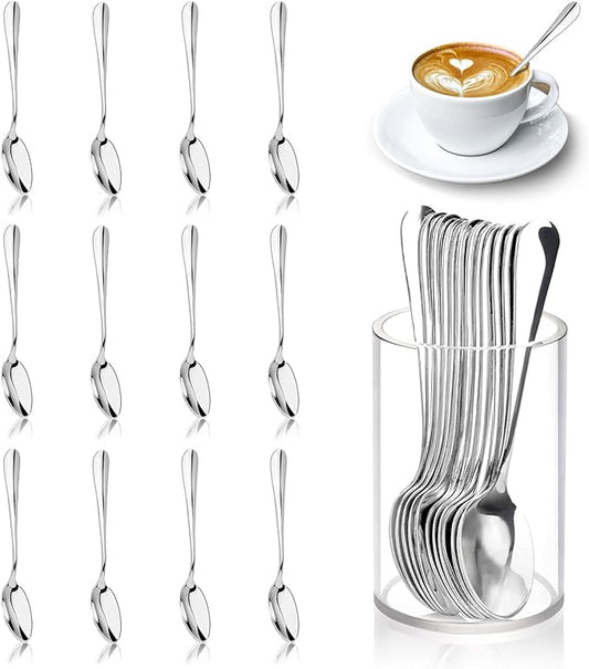 12 Pcs Mini Coffee Spoons with Holder 4.7 inch Demitasse Espresso Stainless Steel Spoon Tea Spoons set of 6 with Acrylic Cylinder Holder Small Coffee Spoon Silver for Cafe Bar Tea Party Home