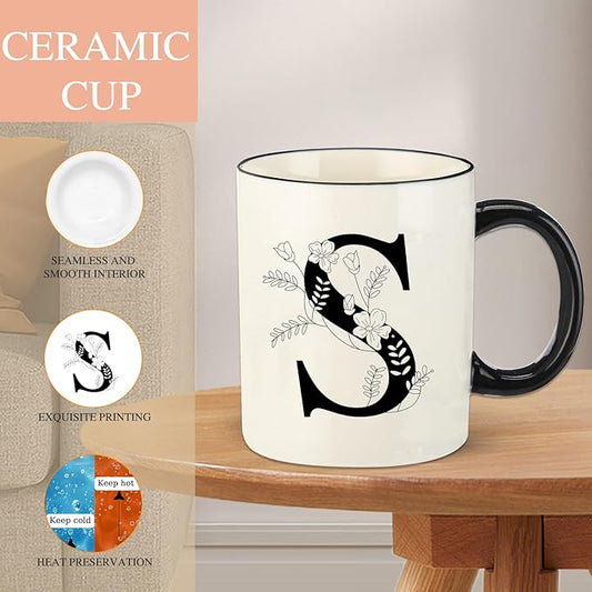 Monogram Ceramic Coffee Mugs, 11 oz Initial Drinking Cup with Gift Box, Unique Birthday Valentines Day Gifts for Women Wife Mothers Day Grandma Mom Aunt, S