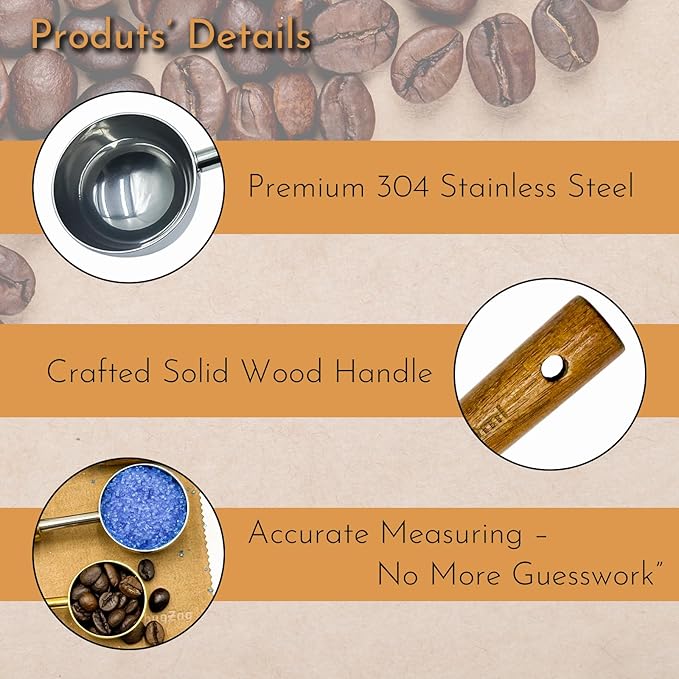 Coffee Scoop with Wooden Handle 2 Tbsp (30 ML) 304 Stainless Steel Measuring Tablespoon Scoop for Ground Coffee, Espresso, Tea, Protein Powder, Spices, etc. (6 Pack)