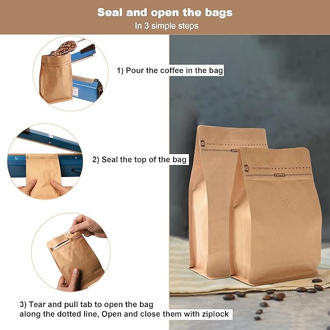 Resealable Side Zipper Coffee Bags with Degassing Valve, High Barrier Natural Kraft Coffee Pouches with Aluminum Foil Liner, Ziplock Food Storage Bags, Longer Shelf Life (50, 8oz/0.5lb)