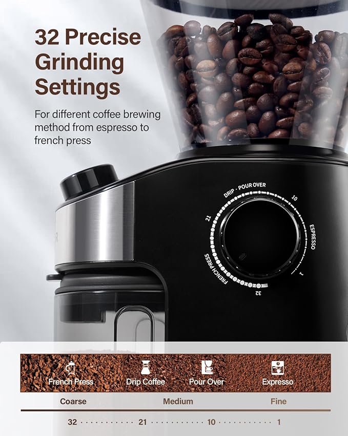 SHARDOR Burr Coffee Grinder Electric with 32 Grinding Sizes 3.0, Coffee Grinders for Home Use with 40 Seconds Adjustable Electronic Timer, Coffee Bean Grinder with Chamber Cleaning Button