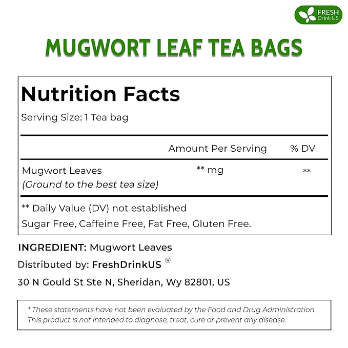 FreshDrinkUS, Premium 90 Mugwort Leaf Tea Bags, 100% Natural and Pure Mugwort Leaves. No Sugar, No Caffeine, No Gluten, Vegan.