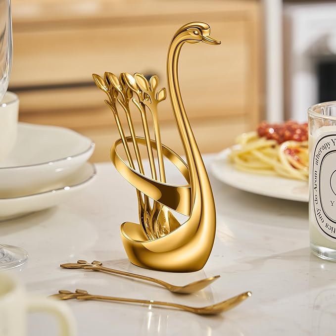 AnSaw Gold Small Coffee Spoon Holder Set,Swan Base With 10 Pcs Demitasse Espresso Spoons Set,4.7" Mini Leaf Dessert Spoon,Stainless Steel Tea Spoons