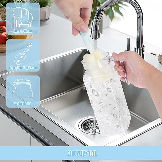 2 Pack 1.1L Plastic Jugs with Lid and Handle, Acrylic Juice Jug, Transparent Fridge Water Pitcher, Unbreakable, Easy to Clearn Water Jug for Iced Tea, Lemonade, Cold or Hot