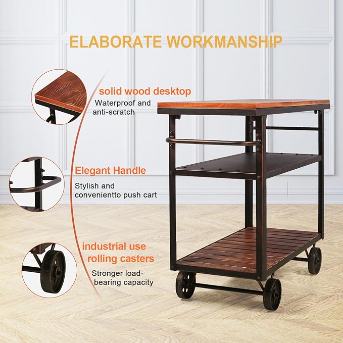 Topower Industrial Bar Cart, Serving Cart with Wheels and Handle, 3-Tier Beverage Metal Cart with Removable Tray and Storage Shelves for Living Room Kitchen, Rustic Copper