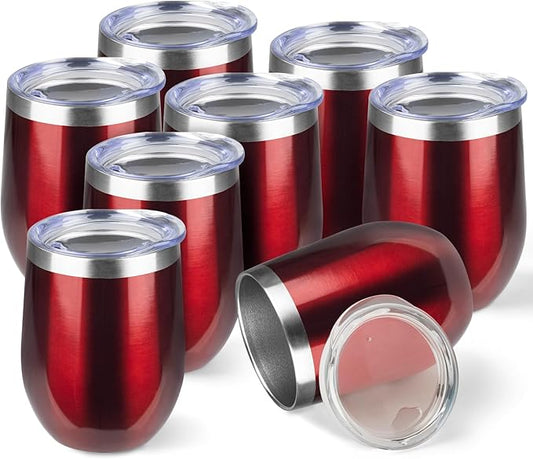 StarSpeed 12oz/8 Pack Wine Tumbler with lid, Stainless Steel Travel Mugs Stemless Double Wall Insulated Coffee Cup, Insulated Wine Glasses Travel Tumbler for Cold & Hot Drinks(Transparent Red, 8)