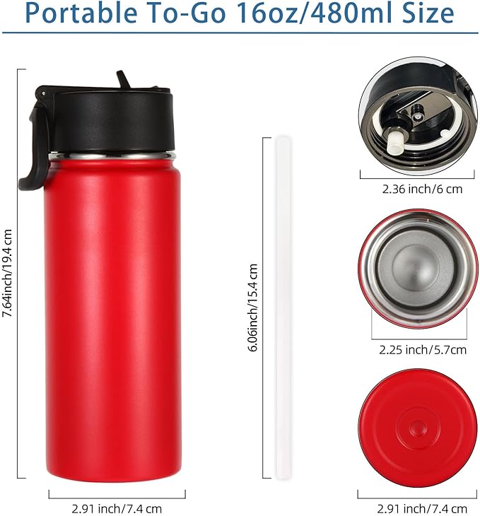Volhoply Kids Insulated Water Bottle with Straw,16oz Stainless Steel Cold Water Bottles for School,BPA-Free Metal Wide Mouth Cups with Handle Lid,Reusable Double Wall Vacuum Sport Flask(Red,1)