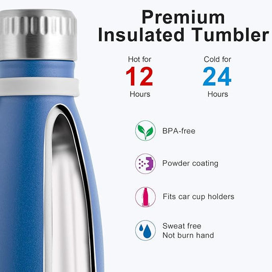 koodee Water Bottle, 17 oz Stainless Steel Double Wall Vacuum Insulated Metal Water Bottle, Cola Shape Leak Proof Sports Flask (Royal Blue)