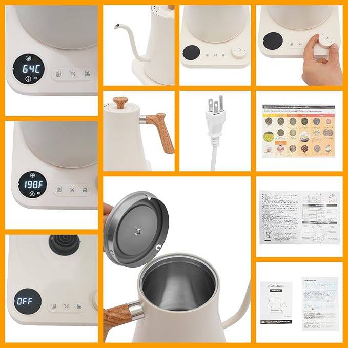 Electric Gooseneck Kettle, 0.9L/0.24Gal 1200W, Temperature Control 104-212°F, Stainless Steel Hot Water Tea Kettle, LED Display, 1-24 H Keep Warm for Pour Over Coffee, Home, 11.02*8.07* 8.66in White