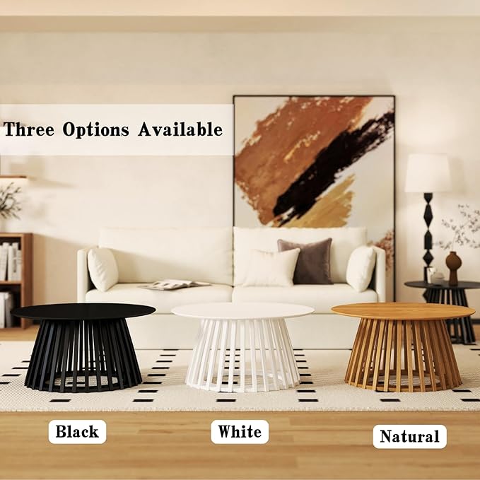 DUOMAY Modern Solid Wood Round Coffee Table with Geometric Base, Sturdy Wood Center Table for Living Room, Lounge, Office, White Color