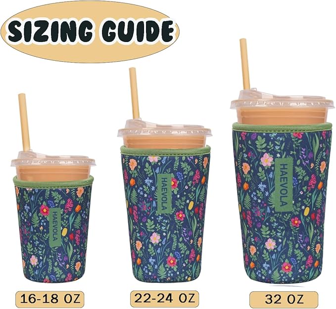 Reusable Insulated Neoprene Iced Coffee Cup Sleeve, Durable Drink Sleeve for Cold Beverages, Beverage Holder for Iced Coffee, Fern Florals