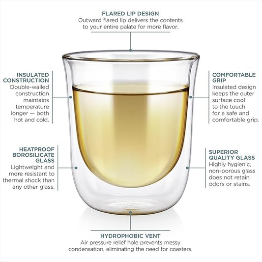 Teabloom Tulip Insulated Glasses for Tea, Coffee and other Beverages - Double Walled Heatproof Glass Maintains Drinks Hot/Cold, 8 oz (Set of Two)
